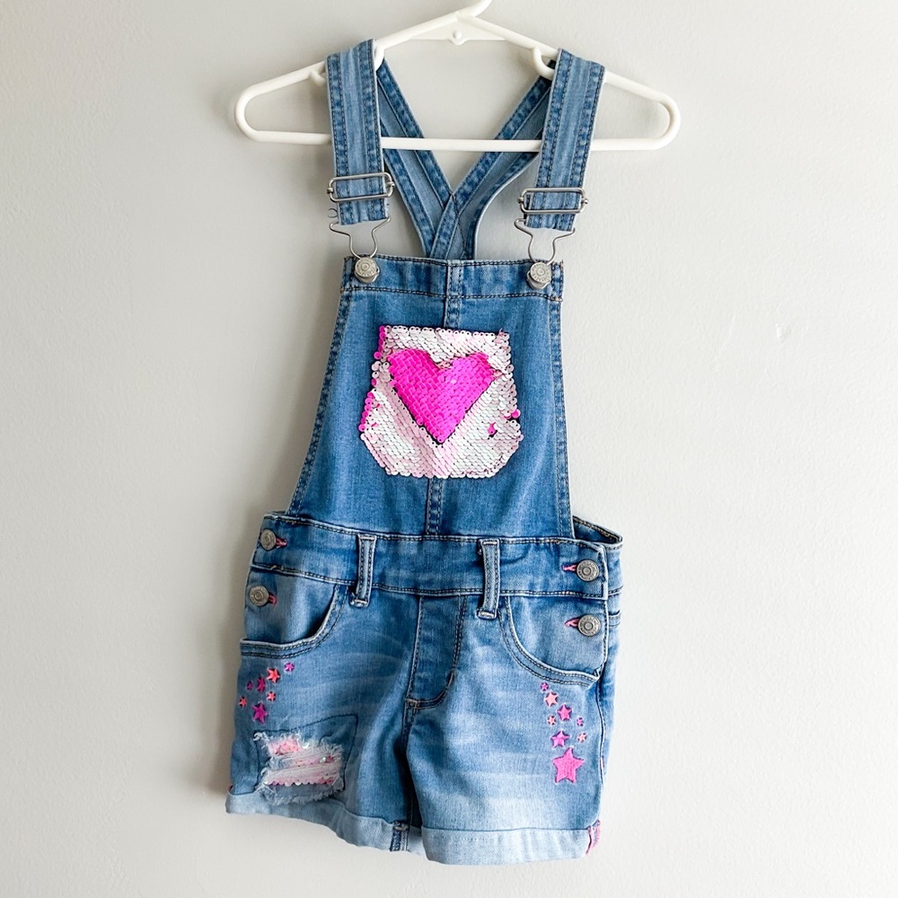 Jordache Classic Blue Denim Shorts Overalls Kids Girls Jean Sequin Size 4/5 XS
